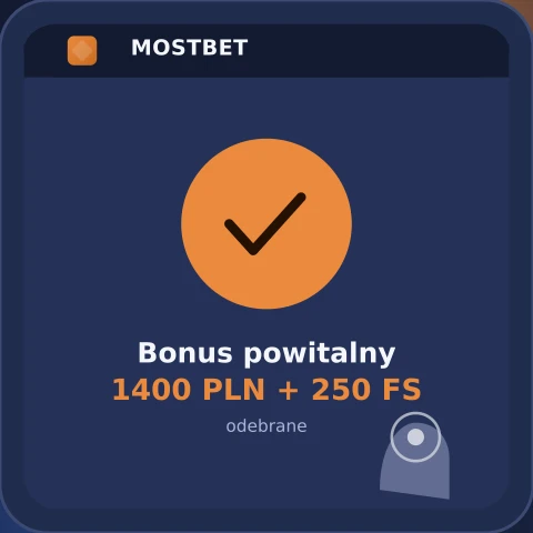 Ekran aplikacji Mostbet z odebranym bonusem powitalnym do 1400 PLN
